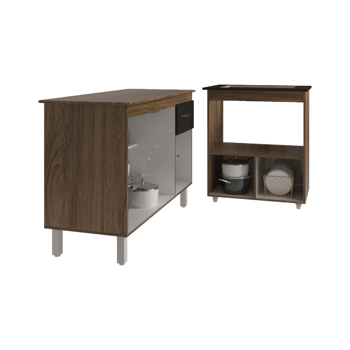 Balcão Armário Gabinete Aline 118 cm Savana Preto com Tampo Savana e Balcão Evelyn para Cooktop 4 Bocas Savana Preto 