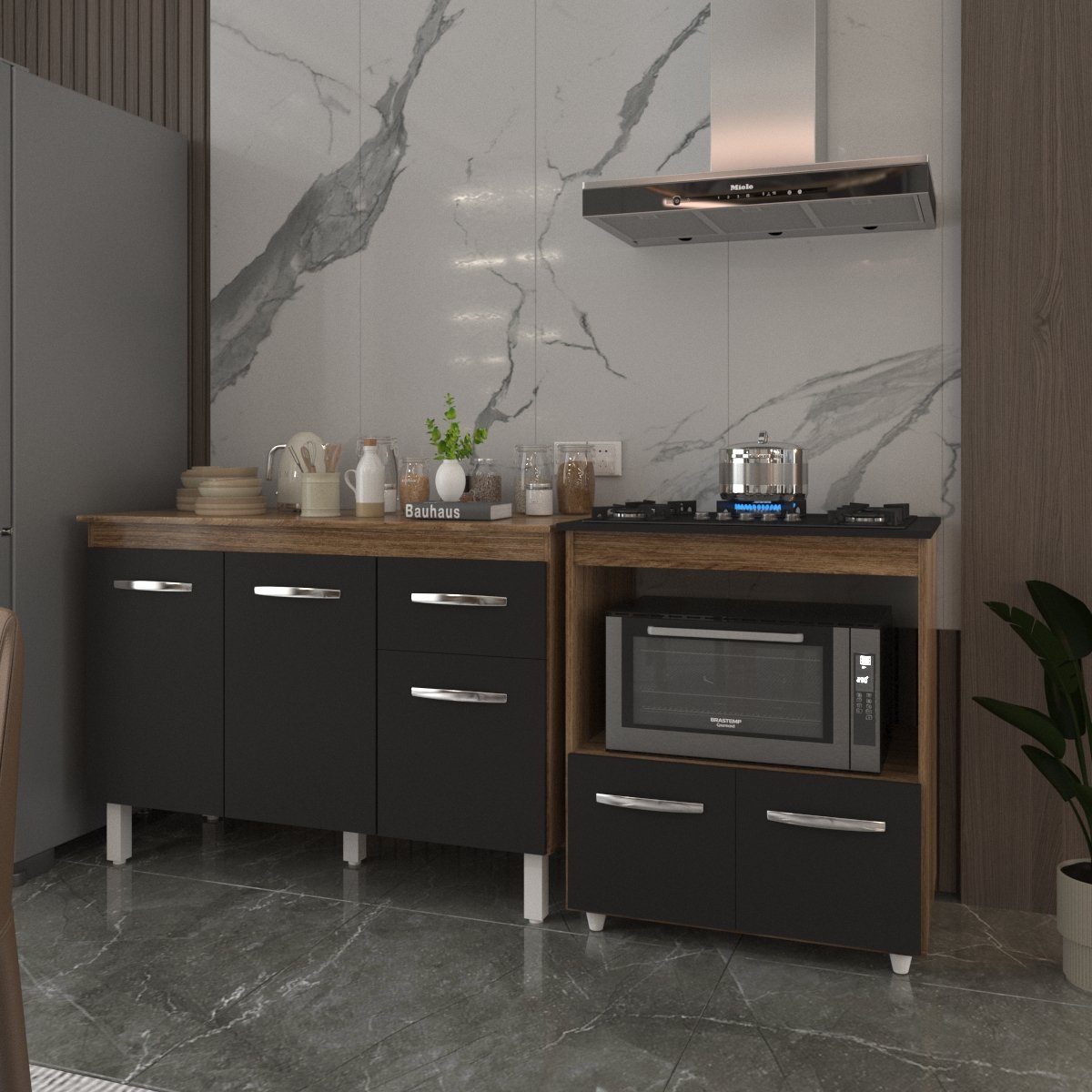 Balcão Armário Gabinete Aline 118 cm Savana Preto com Tampo Savana e Balcão Evelyn para Cooktop 5 Bocas Savana Preto 