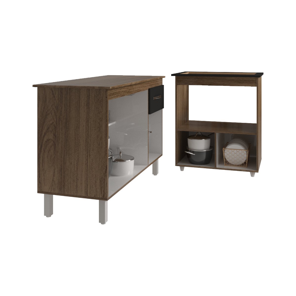 Balcão Armário Gabinete Aline 118 cm Savana Preto com Tampo Savana e Balcão Evelyn para Cooktop 5 Bocas Savana Preto 