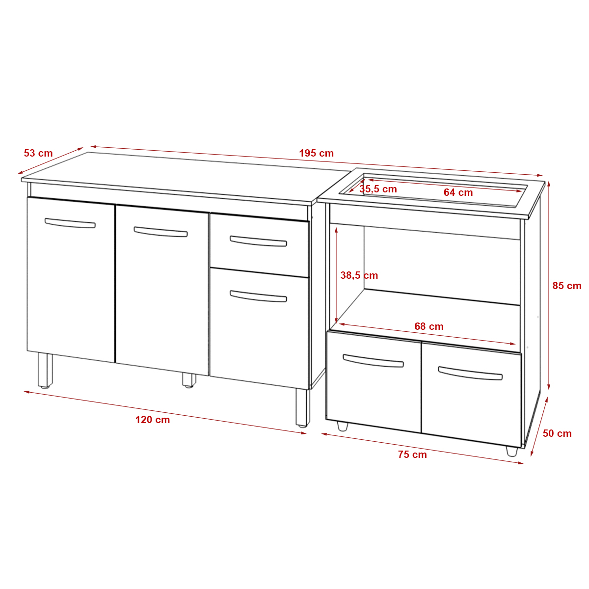 Balcão Armário Gabinete Aline 118 cm Savana Preto com Tampo Savana e Balcão Evelyn para Cooktop 5 Bocas Savana Preto 