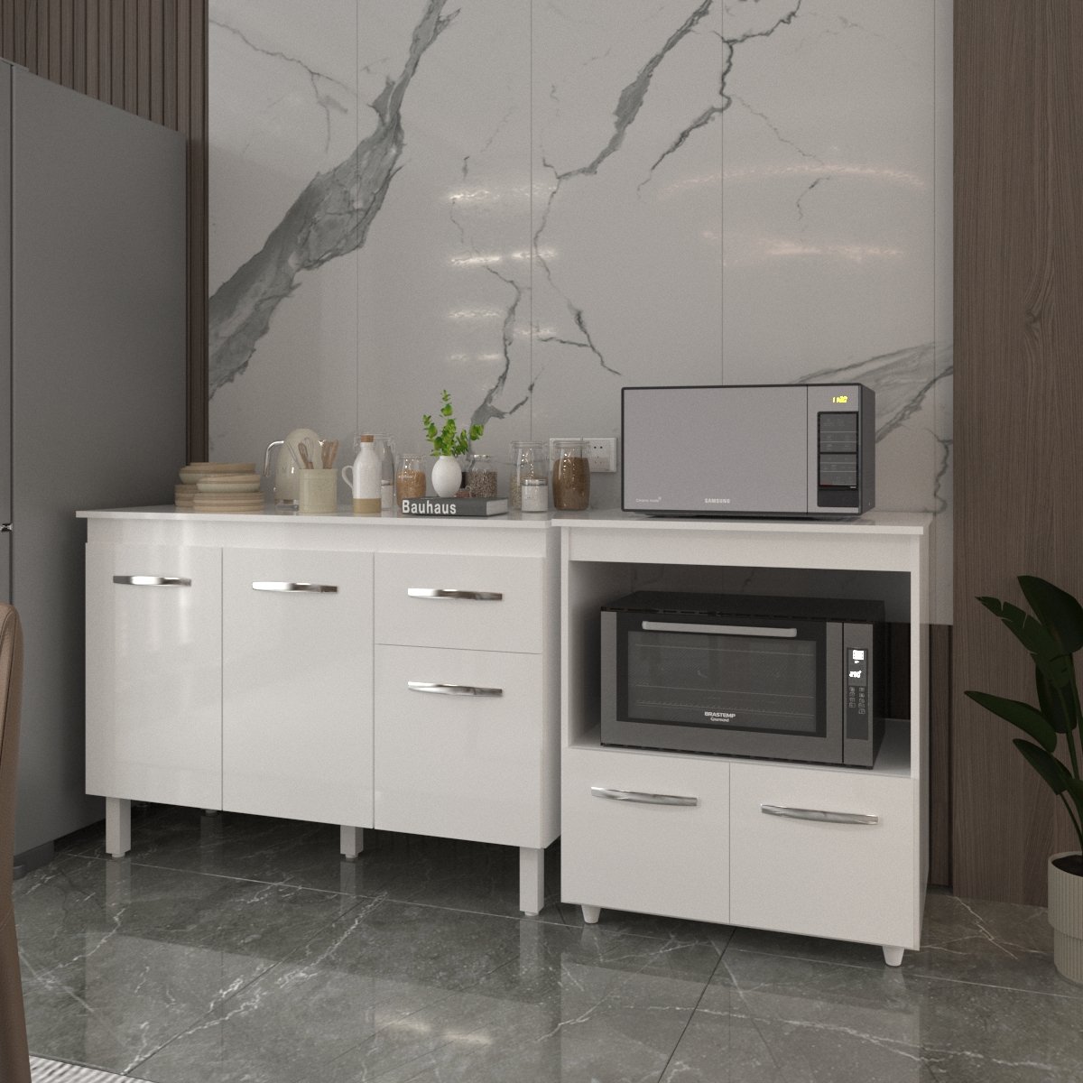 Balcão Armário Gabinete Aline 118 cm com Tampo Tampão e Balcão Amanda para Forno e Microondas Branco 
