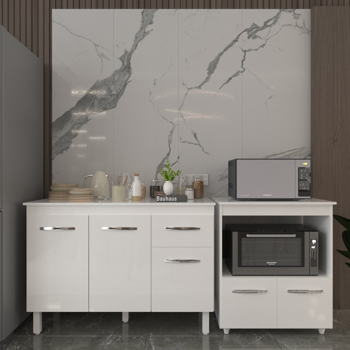 Balcão Armário Gabinete Aline 118 cm com Tampo Tampão e Balcão Amanda para Forno e Microondas Branco 