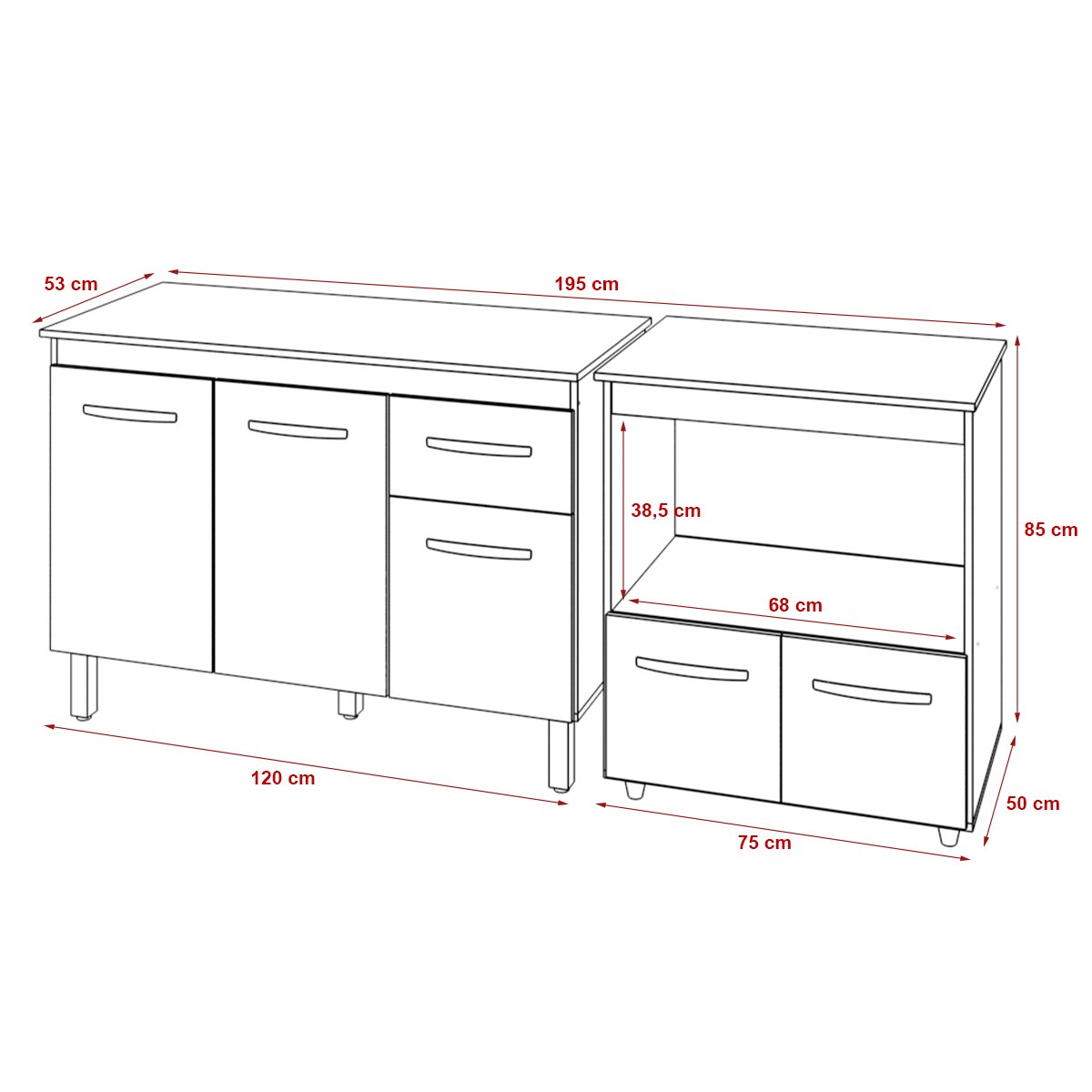 Balcão Armário Gabinete Aline 118 cm com Tampo Tampão e Balcão Amanda para Forno e Microondas Branco 