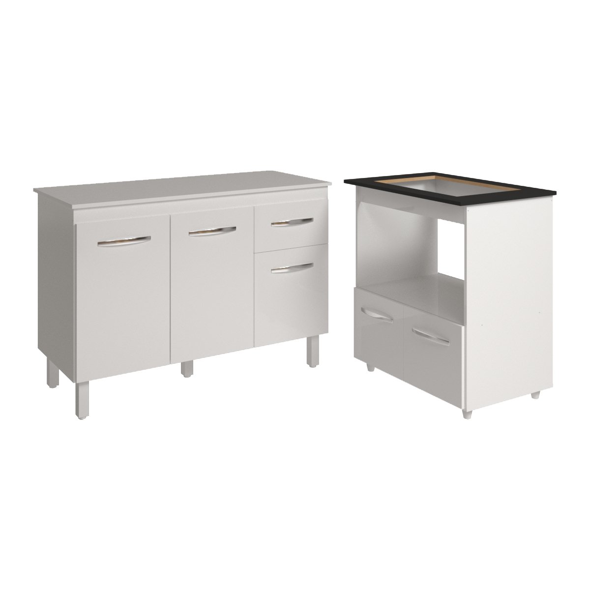Balcão Armário Gabinete Aline 118 cm com Tampo Tampão e Balcão Evelyn para Cooktop 4 Bocas Branco 