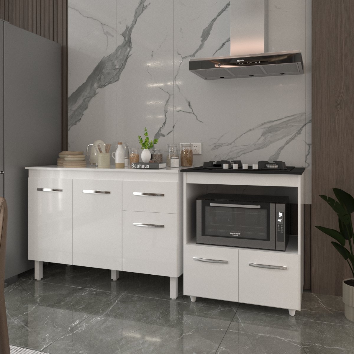 Balcão Armário Gabinete Aline 118 cm com Tampo Tampão e Balcão Evelyn para Cooktop 4 Bocas Branco 