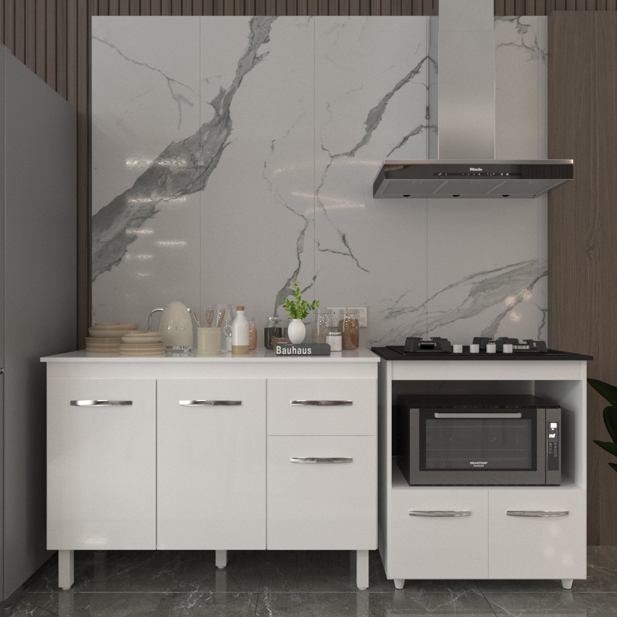 Balcão Armário Gabinete Aline 118 cm com Tampo Tampão e Balcão Evelyn para Cooktop 4 Bocas Branco 