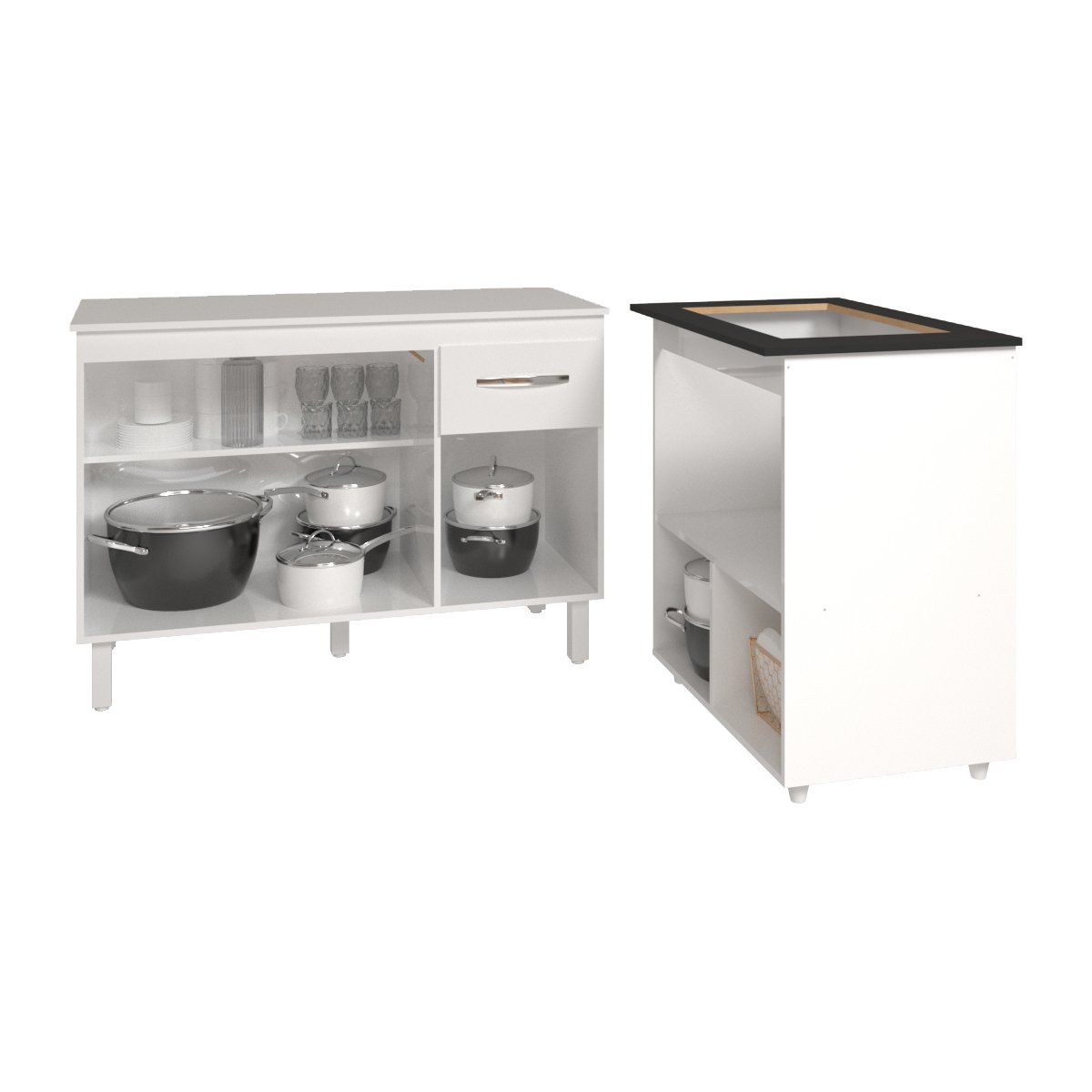 Balcão Armário Gabinete Aline 118 cm com Tampo Tampão e Balcão Evelyn para Cooktop 4 Bocas Branco 