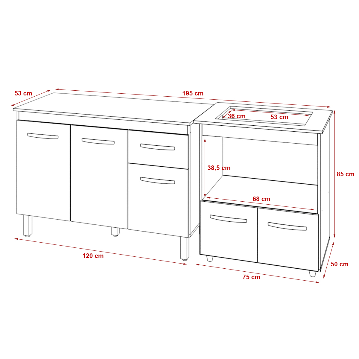 Balcão Armário Gabinete Aline 118 cm com Tampo Tampão e Balcão Evelyn para Cooktop 4 Bocas Branco 