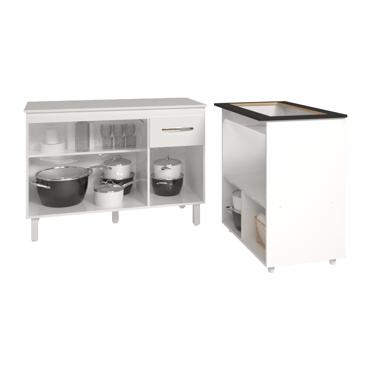 Balcão Armário Gabinete Aline 118 cm com Tampo Tampão e Balcão Evelyn para Cooktop 5 Bocas Branco 