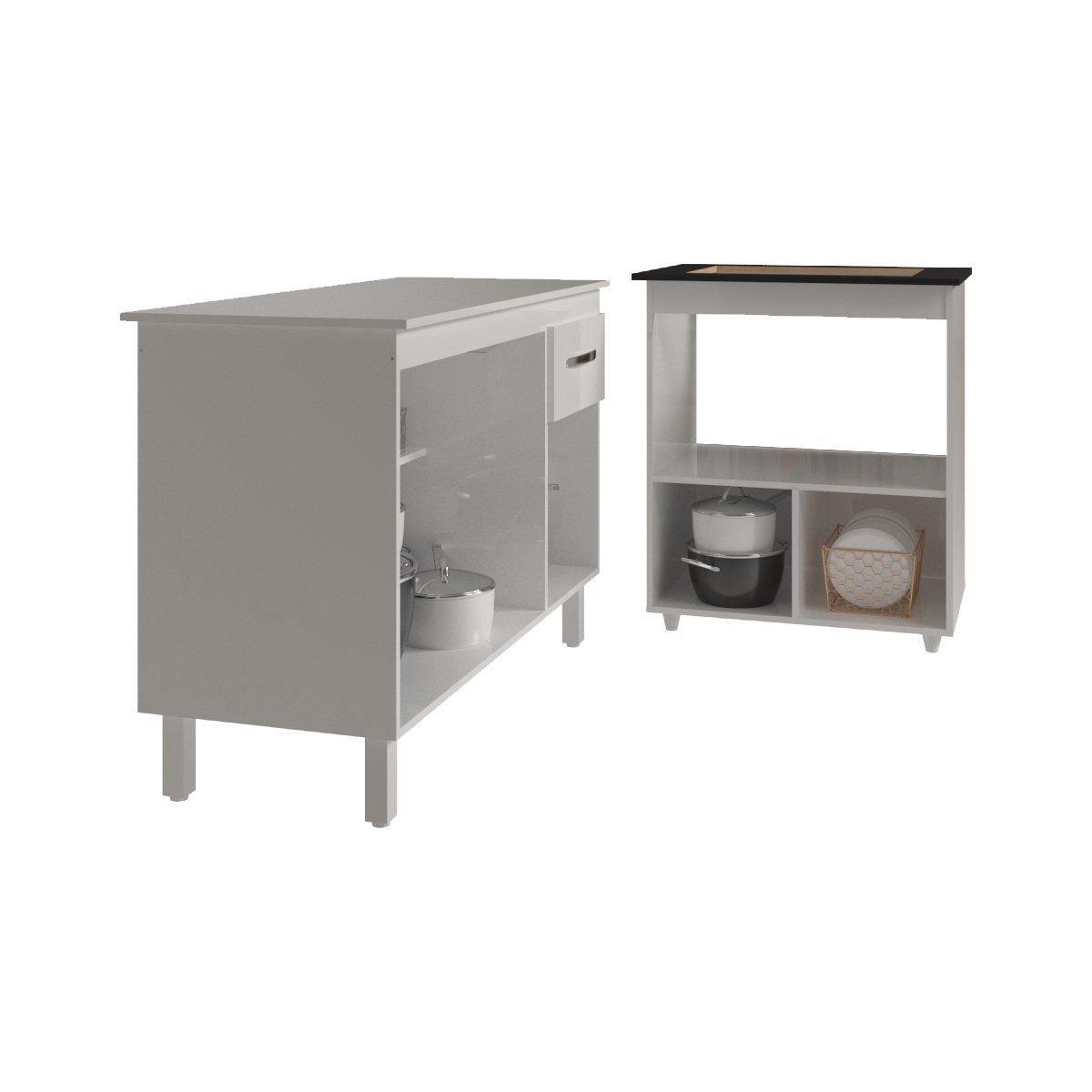 Balcão Armário Gabinete Aline 118 cm com Tampo Tampão e Balcão Evelyn para Cooktop 5 Bocas Branco 