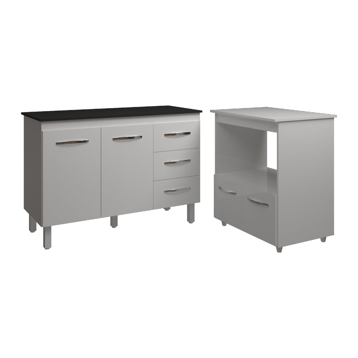 Balcão Armário Gabinete Bruna 118 cm Branco com Tampo Preto e Balcão Amanda para Forno e Microondas Branco 