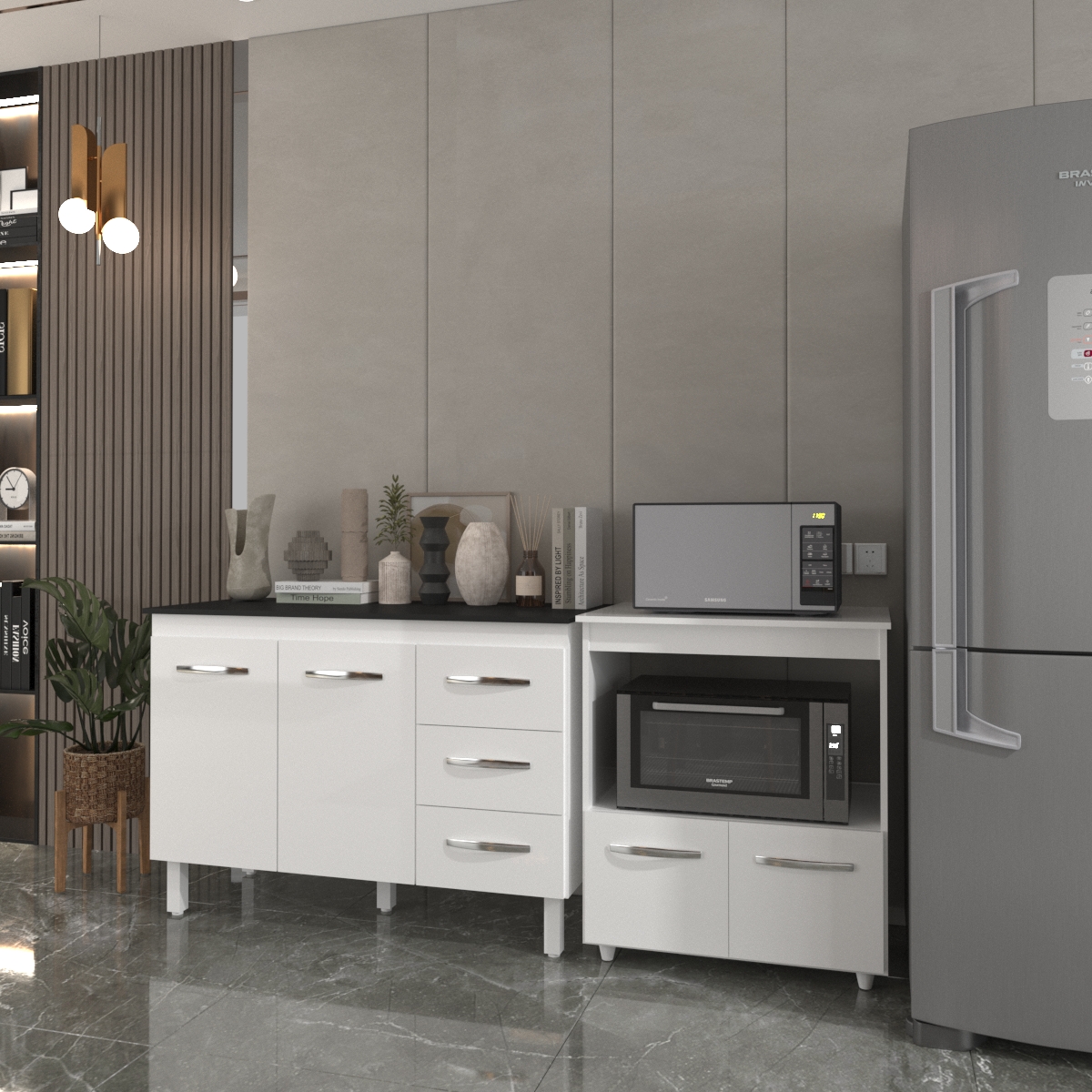 Balcão Armário Gabinete Bruna 118 cm Branco com Tampo Preto e Balcão Amanda para Forno e Microondas Branco 
