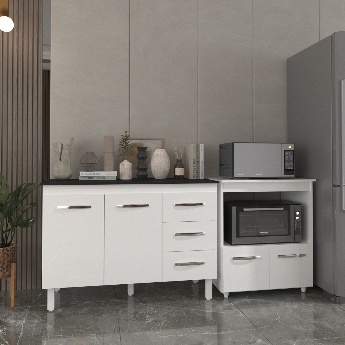Balcão Armário Gabinete Bruna 118 cm Branco com Tampo Preto e Balcão Amanda para Forno e Microondas Branco 