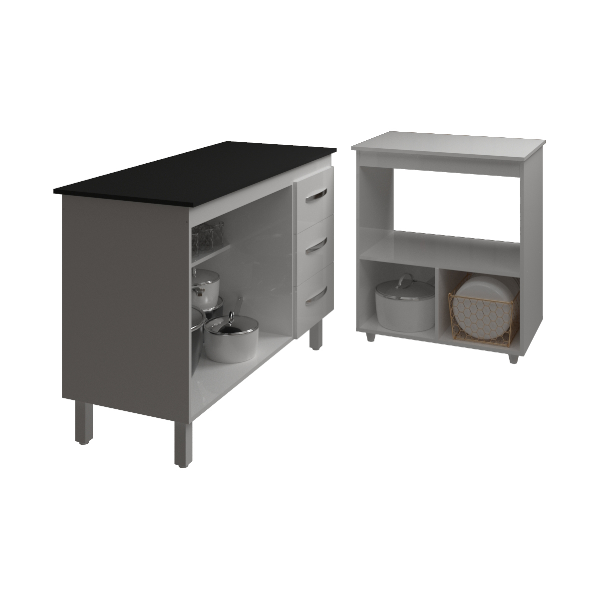 Balcão Armário Gabinete Bruna 118 cm Branco com Tampo Preto e Balcão Amanda para Forno e Microondas Branco 