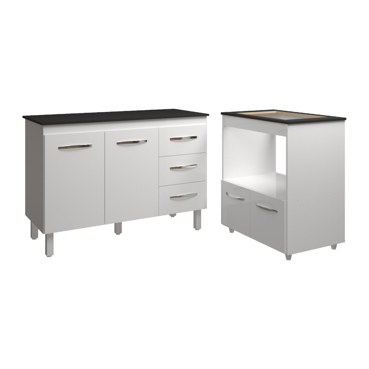 Balcão Armário Gabinete Bruna 118 cm Branco com Tampo Preto e Balcão Evelyn para Cooktop 4 Bocas Branco 