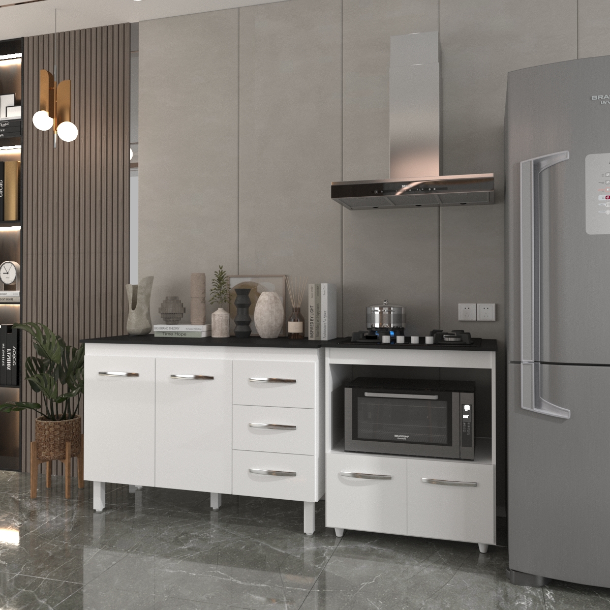 Balcão Armário Gabinete Bruna 118 cm Branco com Tampo Preto e Balcão Evelyn para Cooktop 4 Bocas Branco 