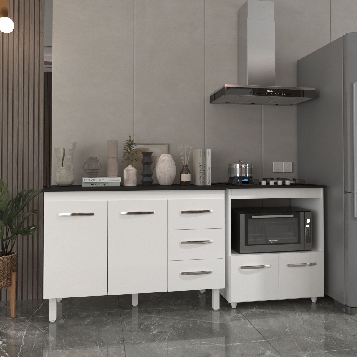 Balcão Armário Gabinete Bruna 118 cm Branco com Tampo Preto e Balcão Evelyn para Cooktop 4 Bocas Branco 