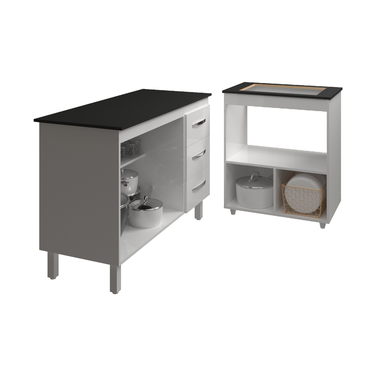 Balcão Armário Gabinete Bruna 118 cm Branco com Tampo Preto e Balcão Evelyn para Cooktop 4 Bocas Branco 