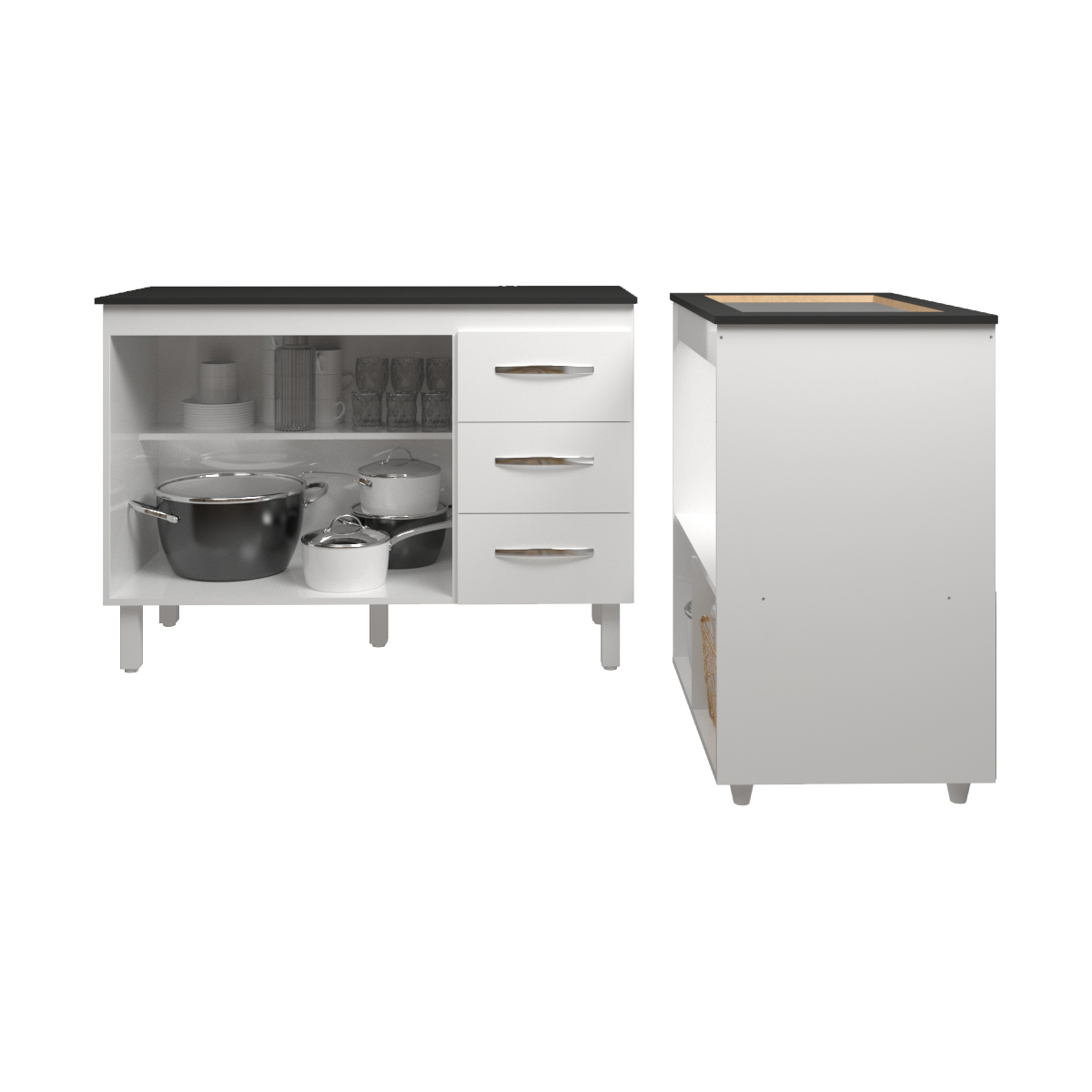 Balcão Armário Gabinete Bruna 118 cm Branco com Tampo Preto e Balcão Evelyn para Cooktop 4 Bocas Branco 