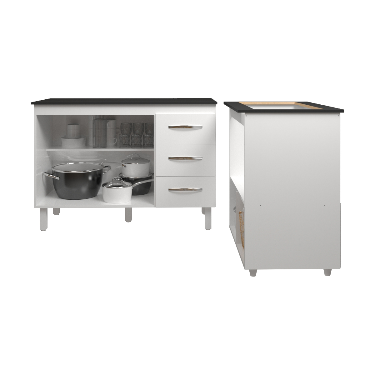 Balcão Armário Gabinete Bruna 118 cm Branco com Tampo Preto e Balcão Evelyn para Cooktop 5 Bocas Branco 