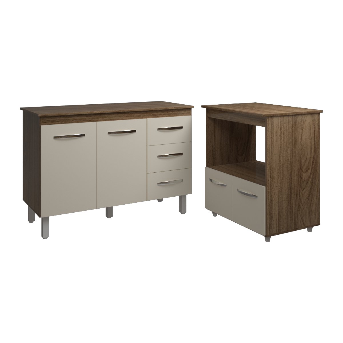 Balcão Armário Gabinete Bruna 118 cm Savana Off White com Tampo Savana e Balcão Amanda Forno Microondas Savana Off White 