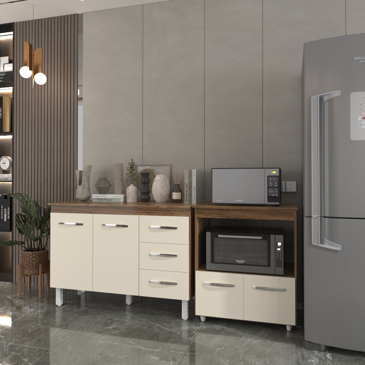 Balcão Armário Gabinete Bruna 118 cm Savana Off White com Tampo Savana e Balcão Amanda Forno Microondas Savana Off White 
