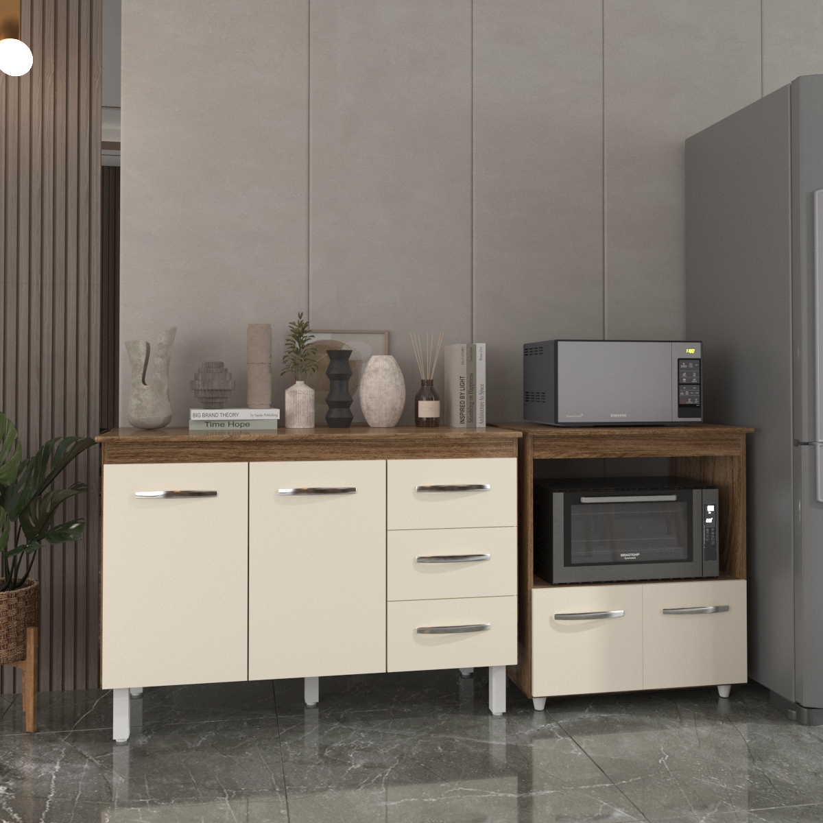Balcão Armário Gabinete Bruna 118 cm Savana Off White com Tampo Savana e Balcão Amanda Forno Microondas Savana Off White 
