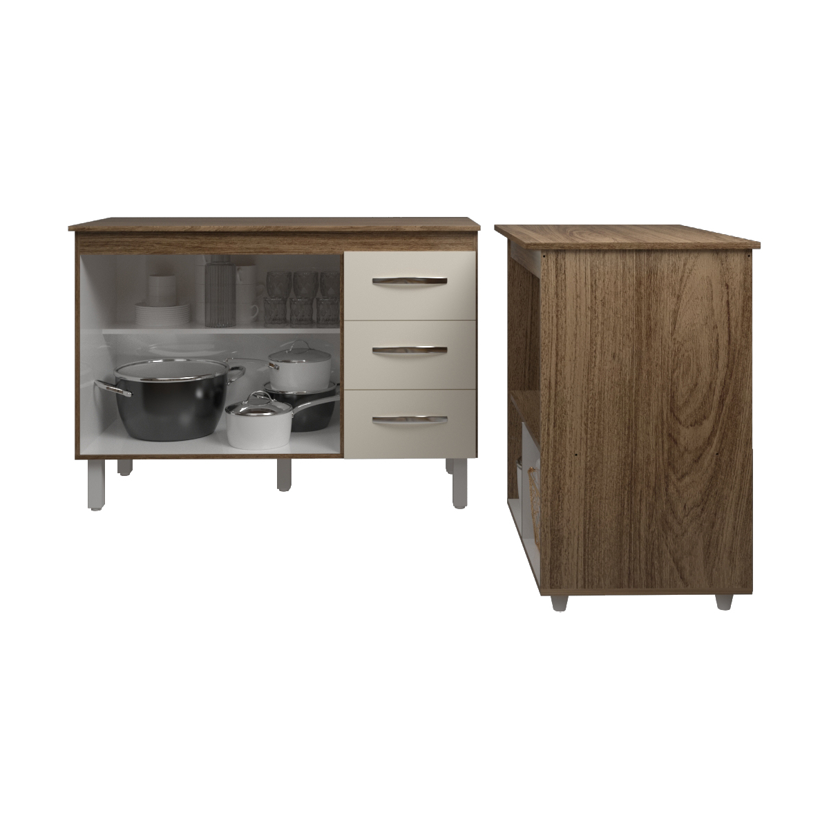 Balcão Armário Gabinete Bruna 118 cm Savana Off White com Tampo Savana e Balcão Amanda Forno Microondas Savana Off White 