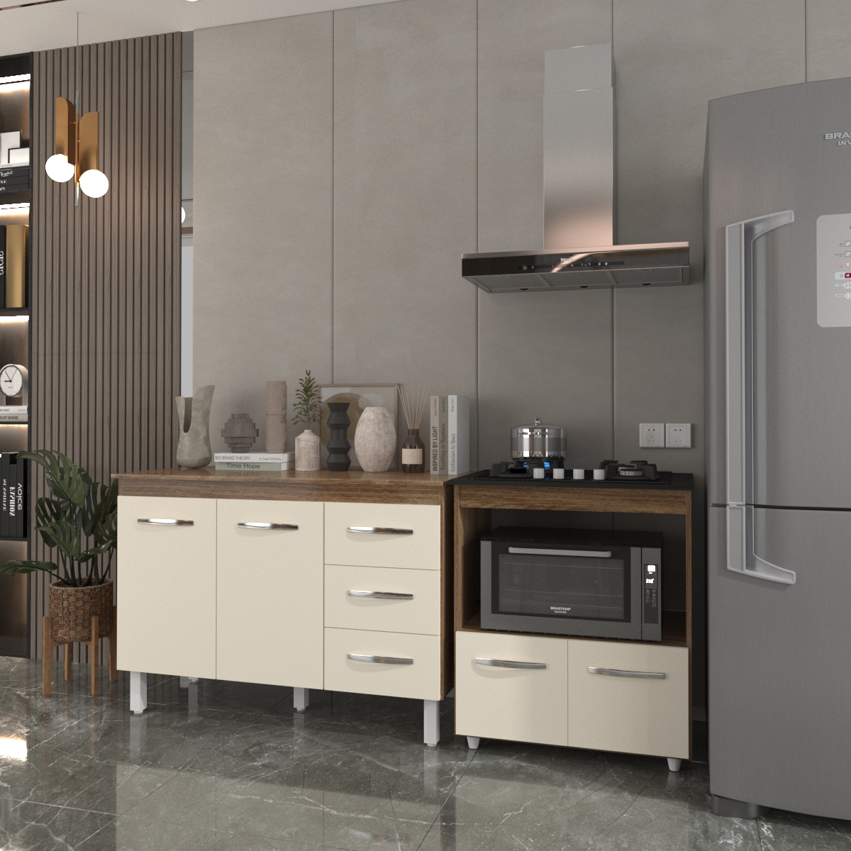Balcão Armário Gabinete Bruna 118 cm Savana Off White com Tampo Savana e Balcão Evelyn Cooktop 4 Bocas Savana Off White 