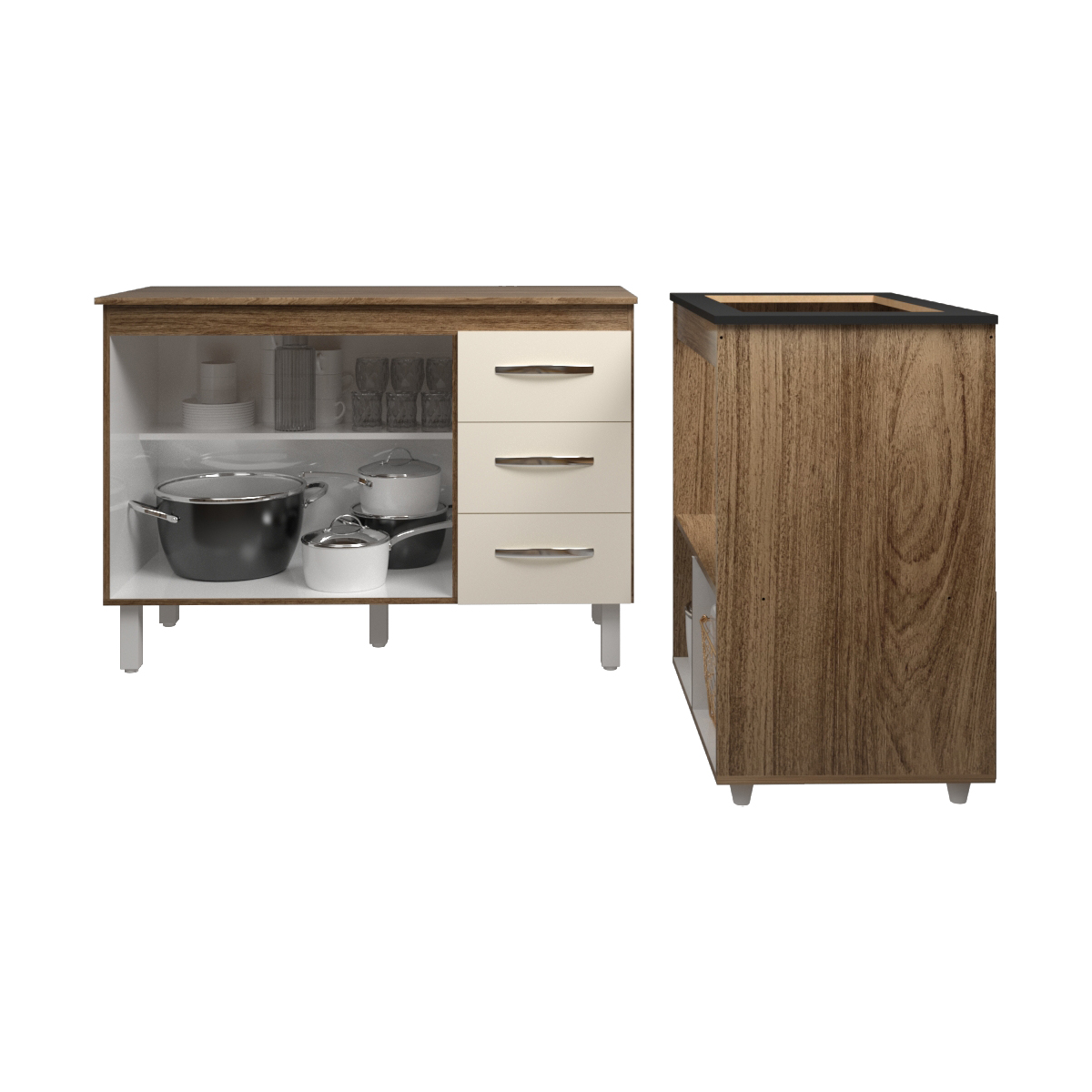 Balcão Armário Gabinete Bruna 118 cm Savana Off White com Tampo Savana e Balcão Evelyn Cooktop 4 Bocas Savana Off White 