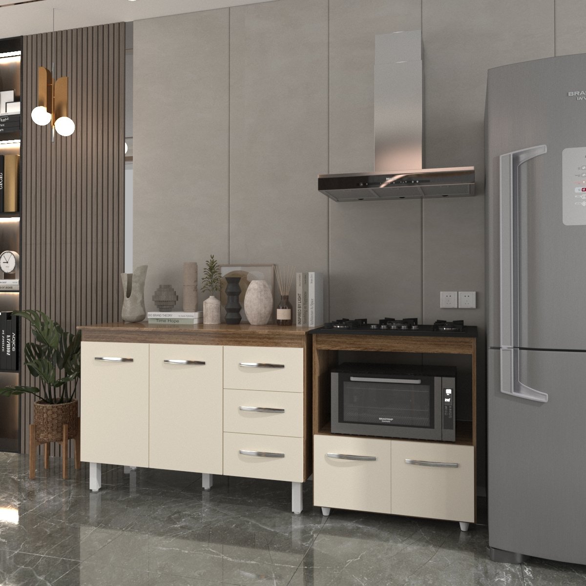 Balcão Armário Gabinete Bruna 118 cm Savana Off White com Tampo Savana e Balcão Evelyn Cooktop 5 Bocas Savana Off White 
