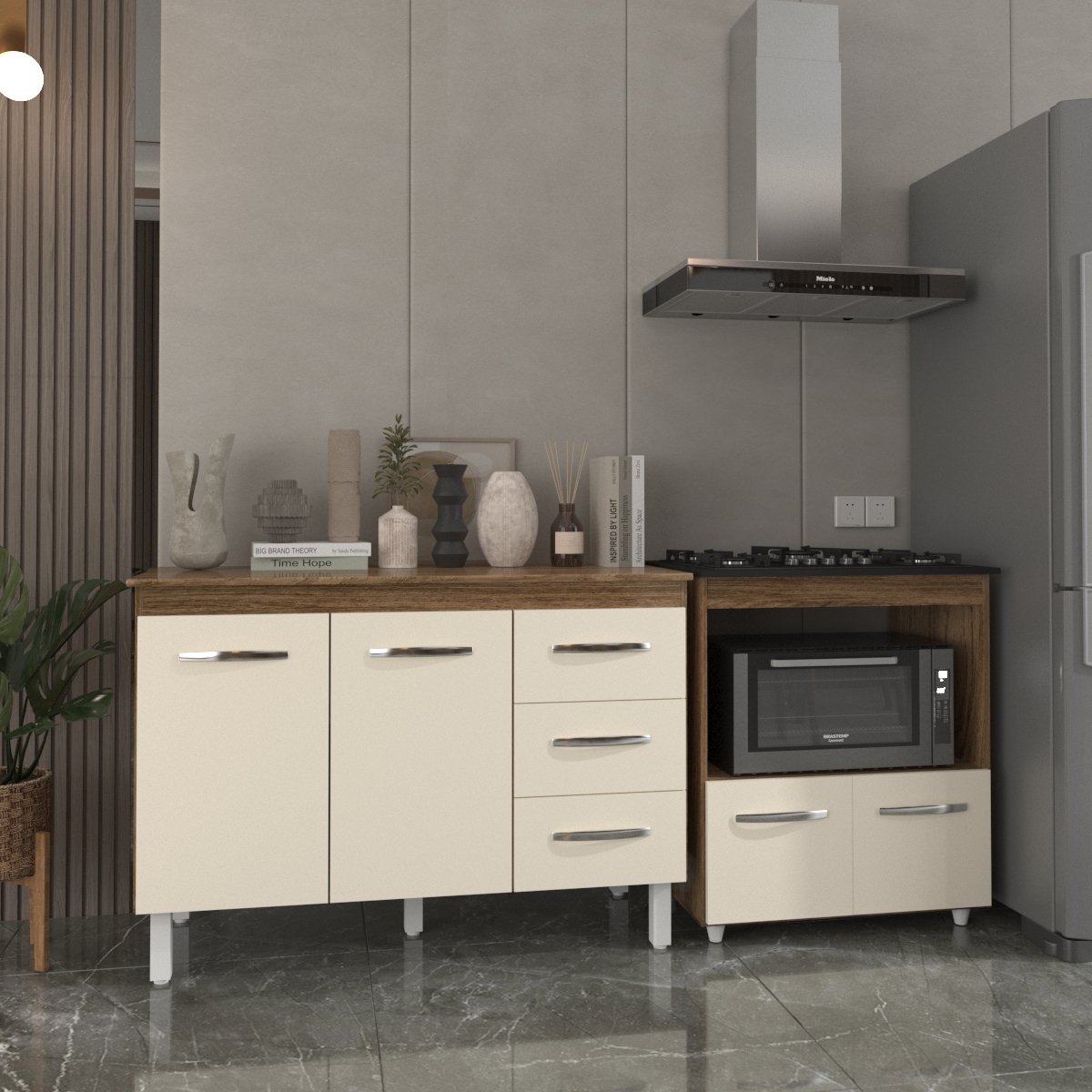 Balcão Armário Gabinete Bruna 118 cm Savana Off White com Tampo Savana e Balcão Evelyn Cooktop 5 Bocas Savana Off White 