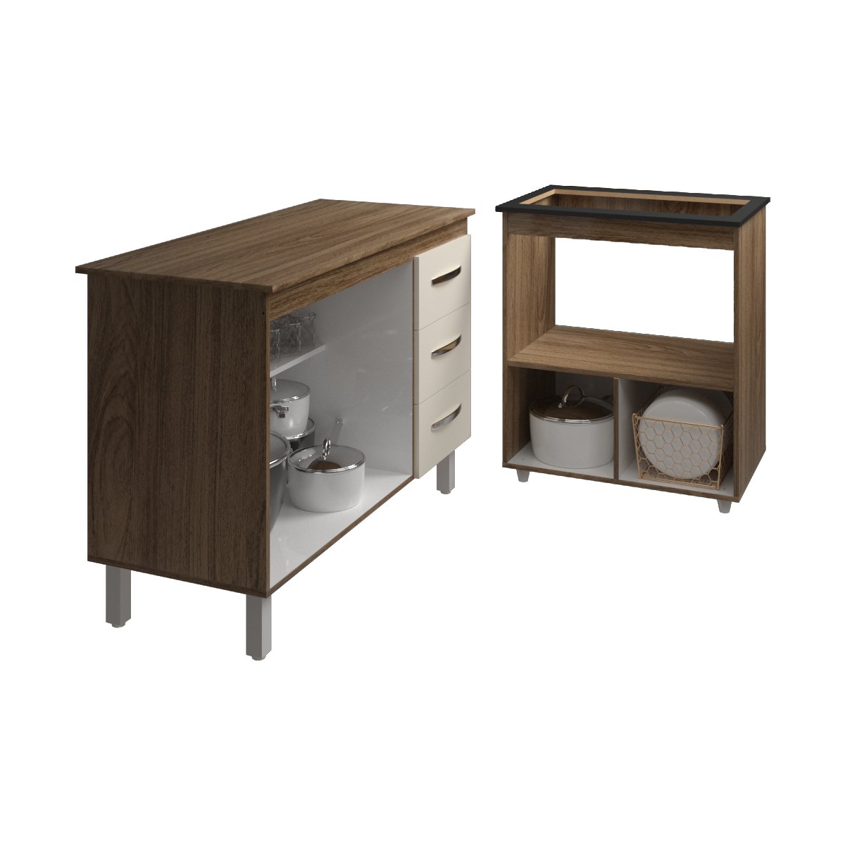 Balcão Armário Gabinete Bruna 118 cm Savana Off White com Tampo Savana e Balcão Evelyn Cooktop 5 Bocas Savana Off White 