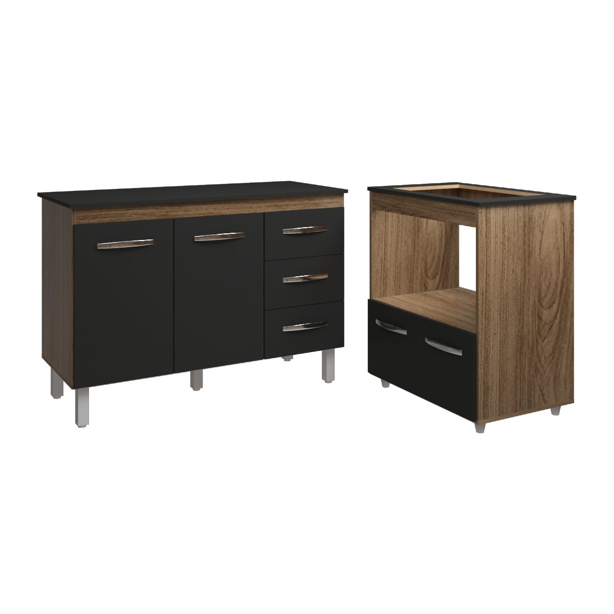 Balcão Armário Gabinete Bruna 118 cm Savana Preto com Tampo Preto e Balcão Evelyn para Cooktop 4 Bocas Savana Preto 