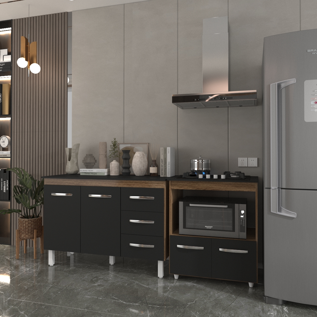 Balcão Armário Gabinete Bruna 118 cm Savana Preto com Tampo Preto e Balcão Evelyn para Cooktop 4 Bocas Savana Preto 