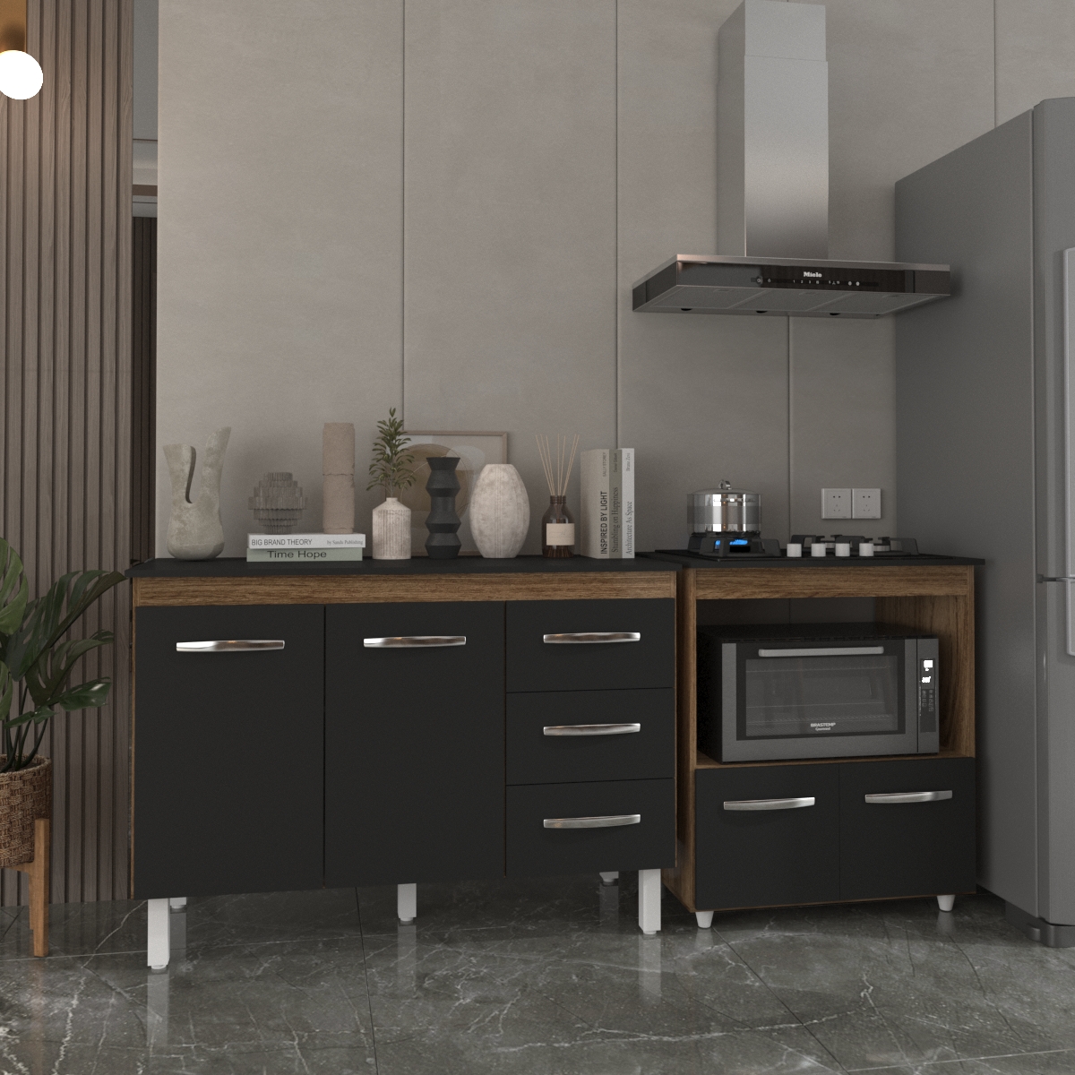 Balcão Armário Gabinete Bruna 118 cm Savana Preto com Tampo Preto e Balcão Evelyn para Cooktop 4 Bocas Savana Preto 