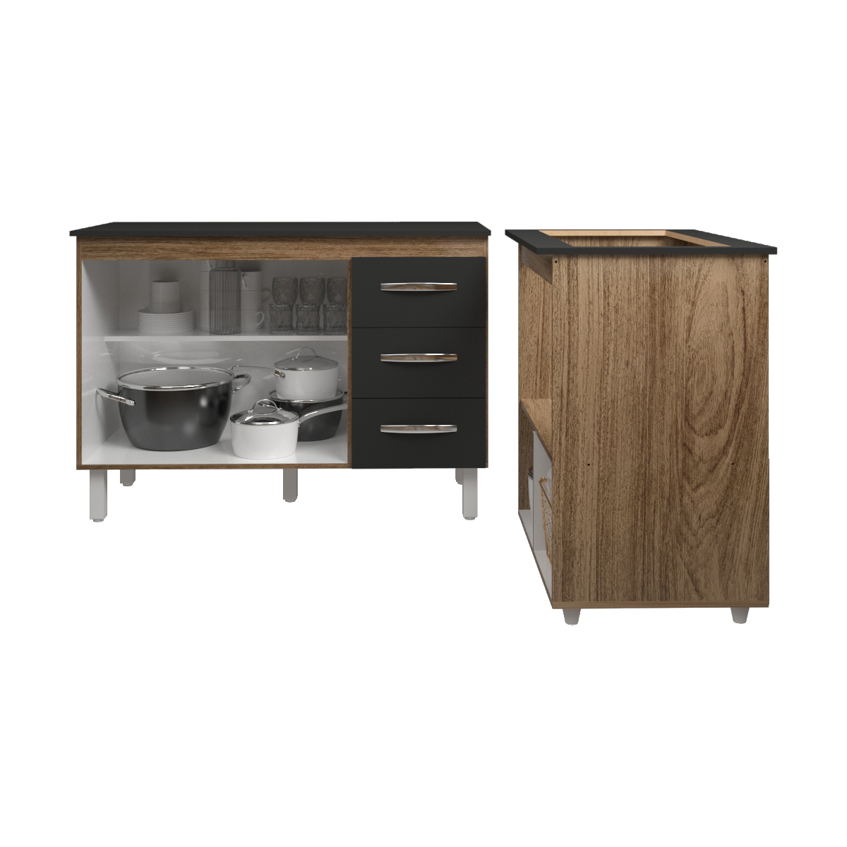 Balcão Armário Gabinete Bruna 118 cm Savana Preto com Tampo Preto e Balcão Evelyn para Cooktop 5 Bocas Savana Preto 