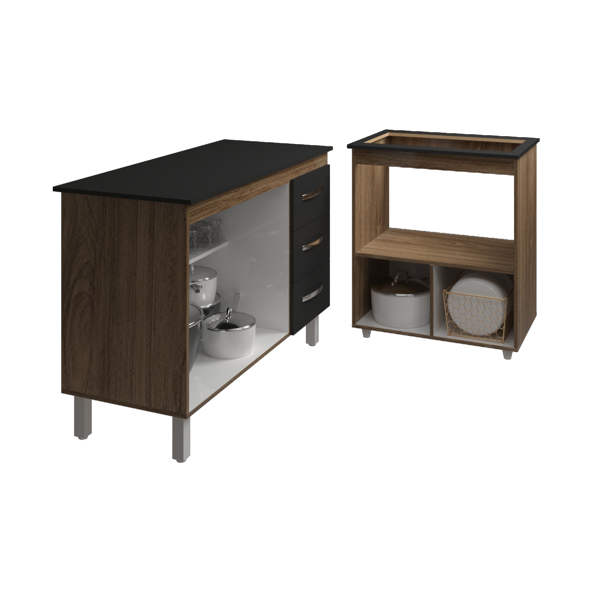 Balcão Armário Gabinete Bruna 118 cm Savana Preto com Tampo Preto e Balcão Evelyn para Cooktop 5 Bocas Savana Preto 