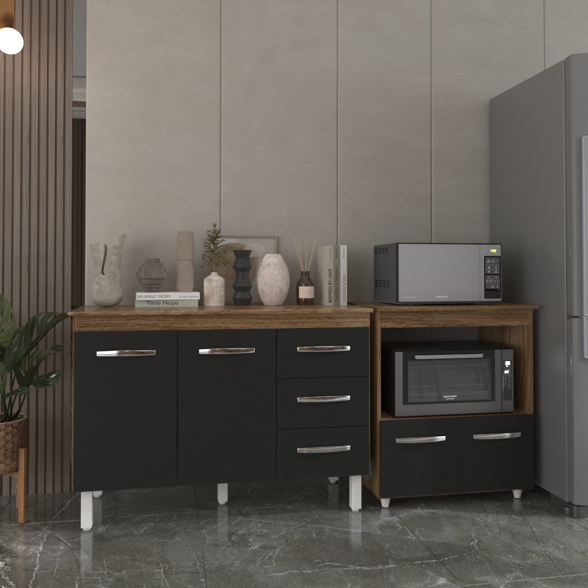 Balcão Armário Gabinete Bruna 118 cm Savana Preto com Tampo Savana e Balcão Amanda para Forno e Microondas Savana Preto 