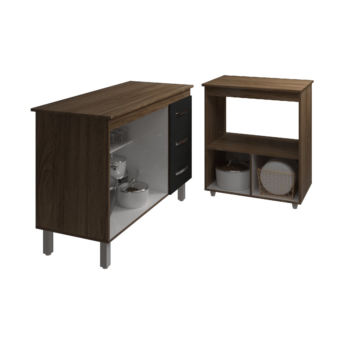 Balcão Armário Gabinete Bruna 118 cm Savana Preto com Tampo Savana e Balcão Amanda para Forno e Microondas Savana Preto 