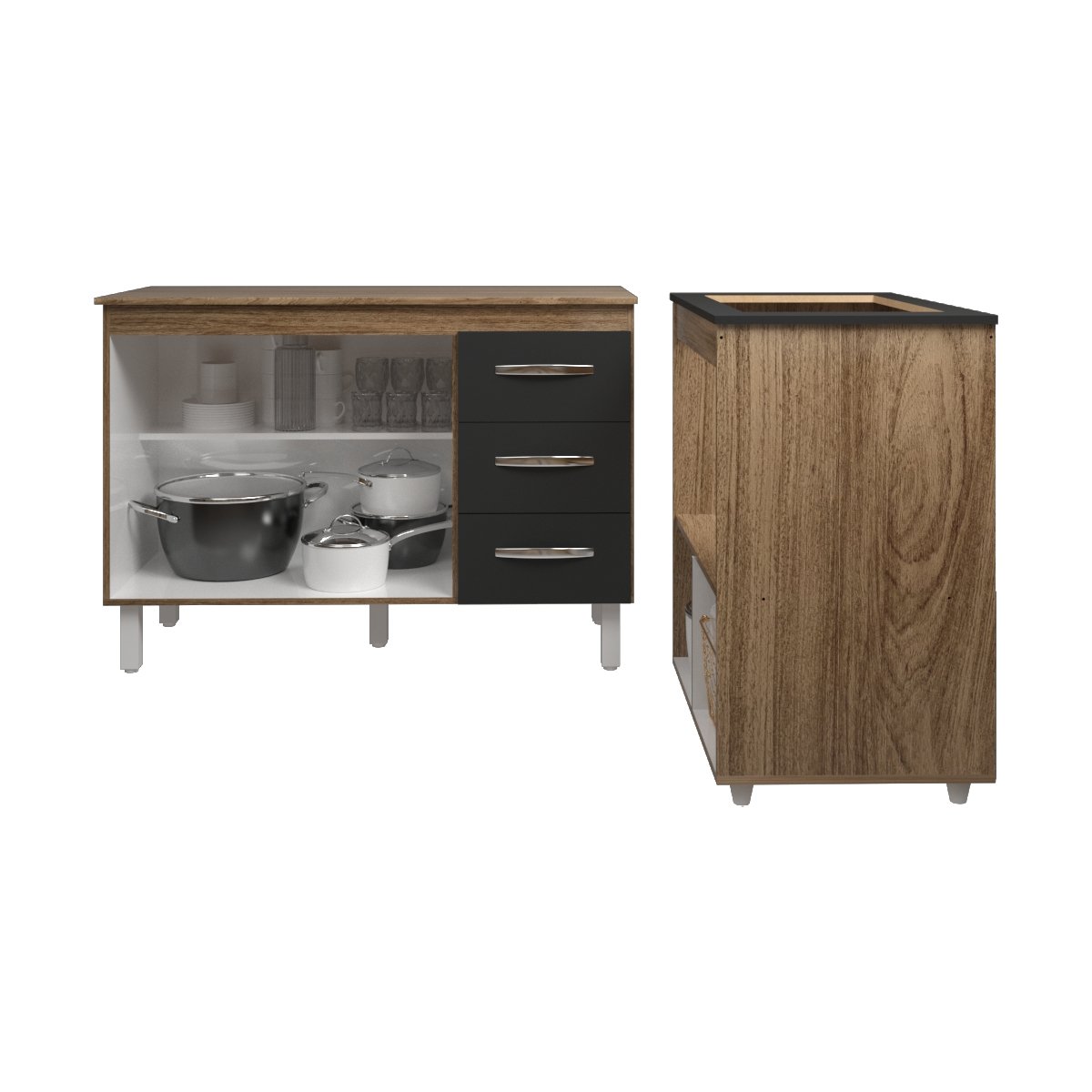 Balcão Armário Gabinete Bruna 118 cm Savana Preto com Tampo Savana e Balcão Evelyn para Cooktop 4 Bocas Savana Preto 