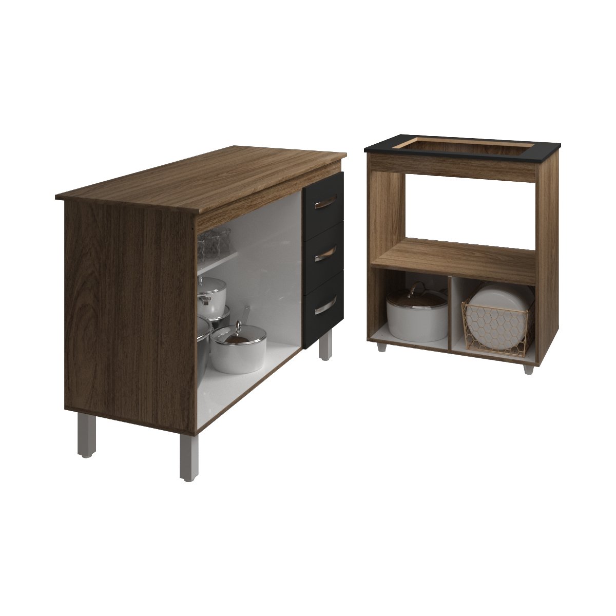 Balcão Armário Gabinete Bruna 118 cm Savana Preto com Tampo Savana e Balcão Evelyn para Cooktop 4 Bocas Savana Preto 