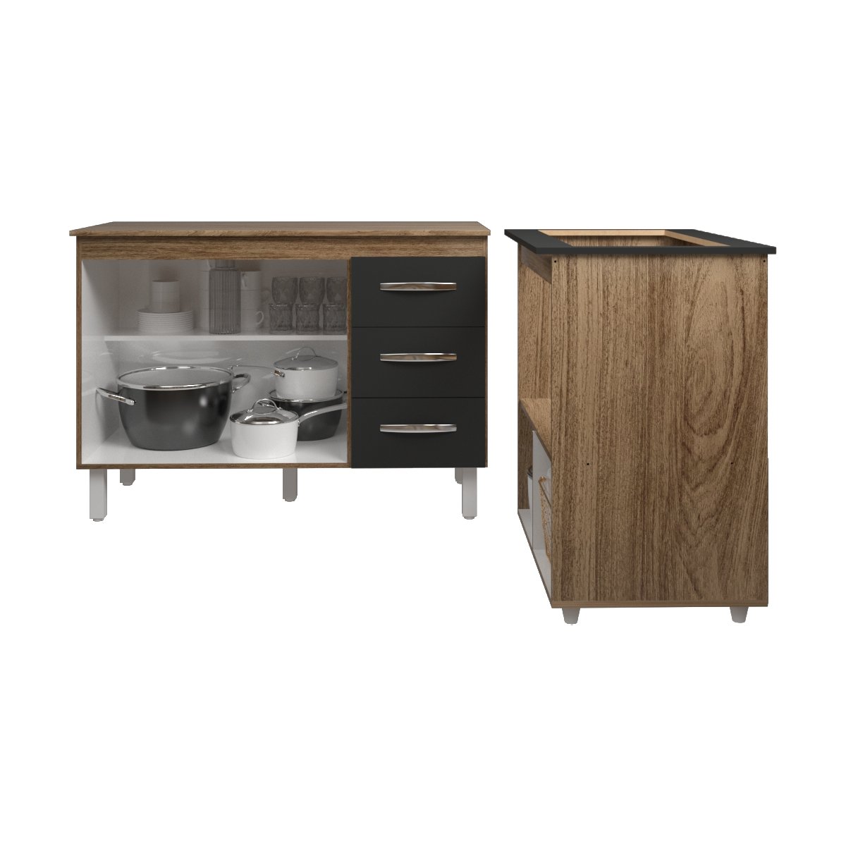 Balcão Armário Gabinete Bruna 118 cm Savana Preto com Tampo Savana e Balcão Evelyn para Cooktop 5 Bocas Savana Preto 