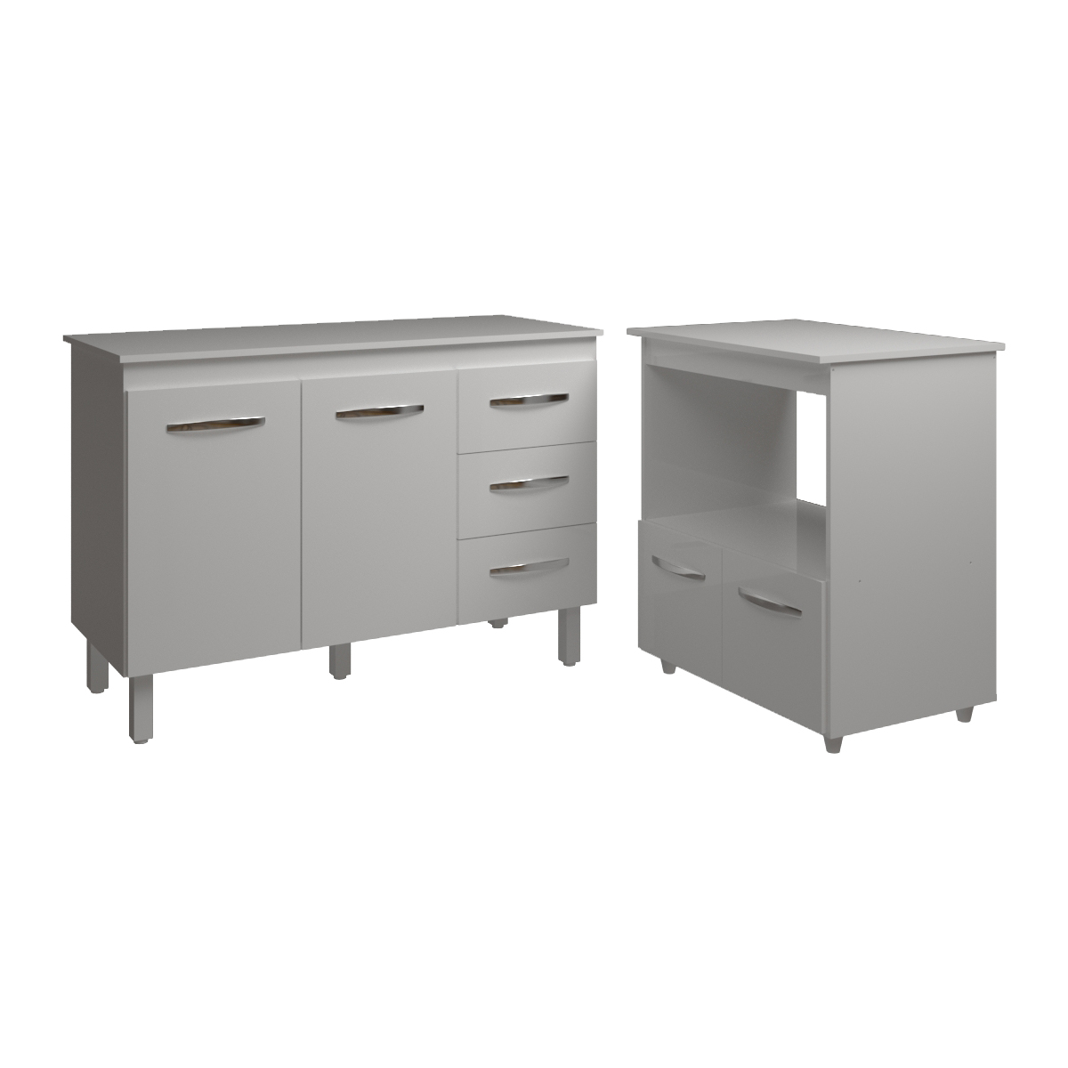 Balcão Armário Gabinete Bruna 118 cm com Tampo Tampão e Balcão Amanda para Forno e Microondas Branco 