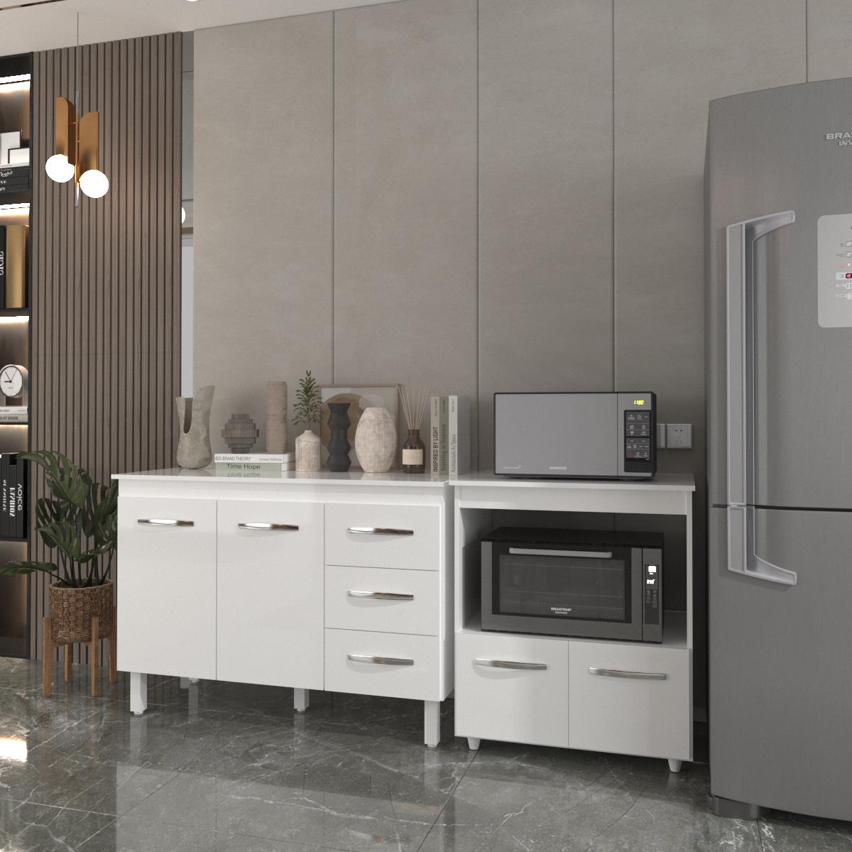 Balcão Armário Gabinete Bruna 118 cm com Tampo Tampão e Balcão Amanda para Forno e Microondas Branco 