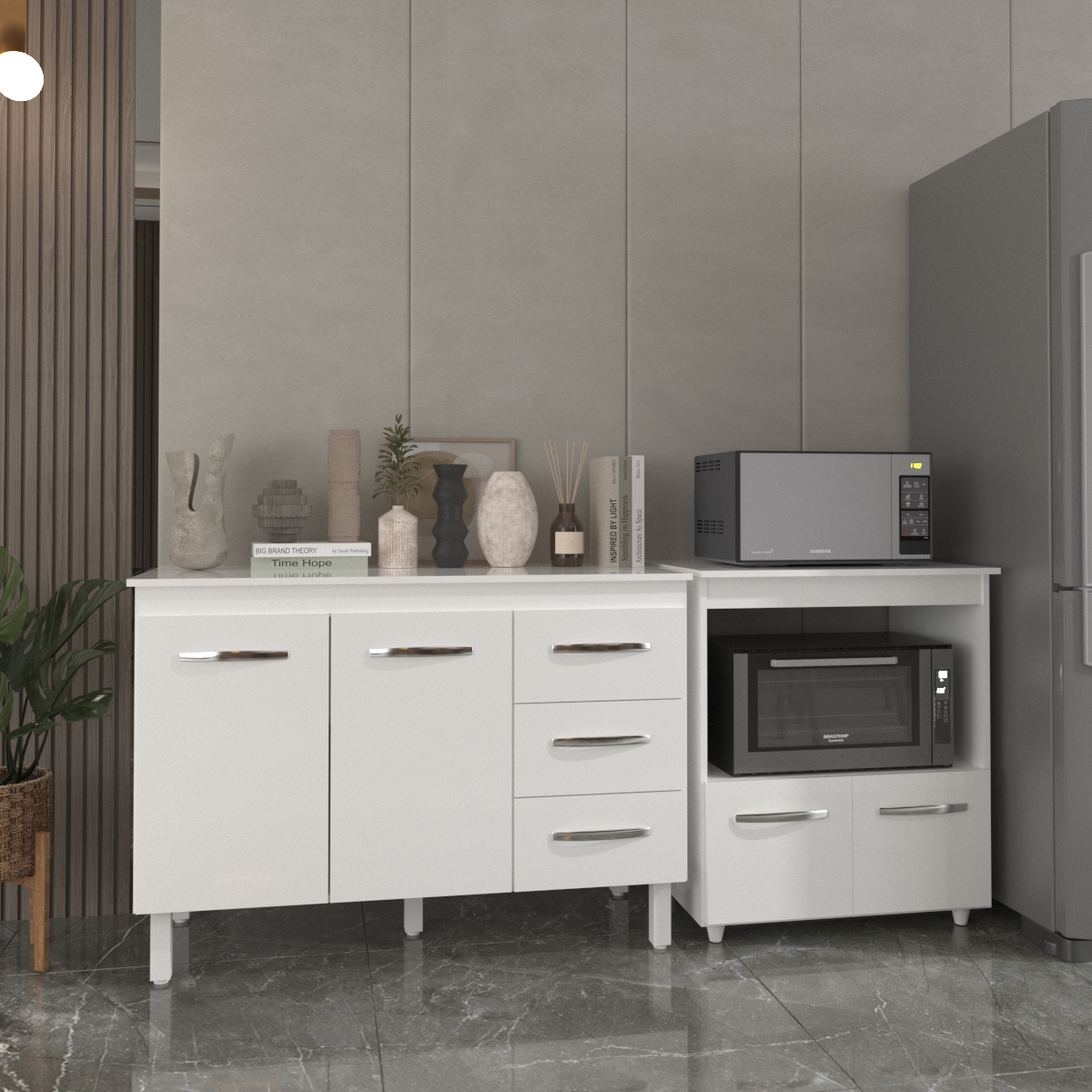 Balcão Armário Gabinete Bruna 118 cm com Tampo Tampão e Balcão Amanda para Forno e Microondas Branco 