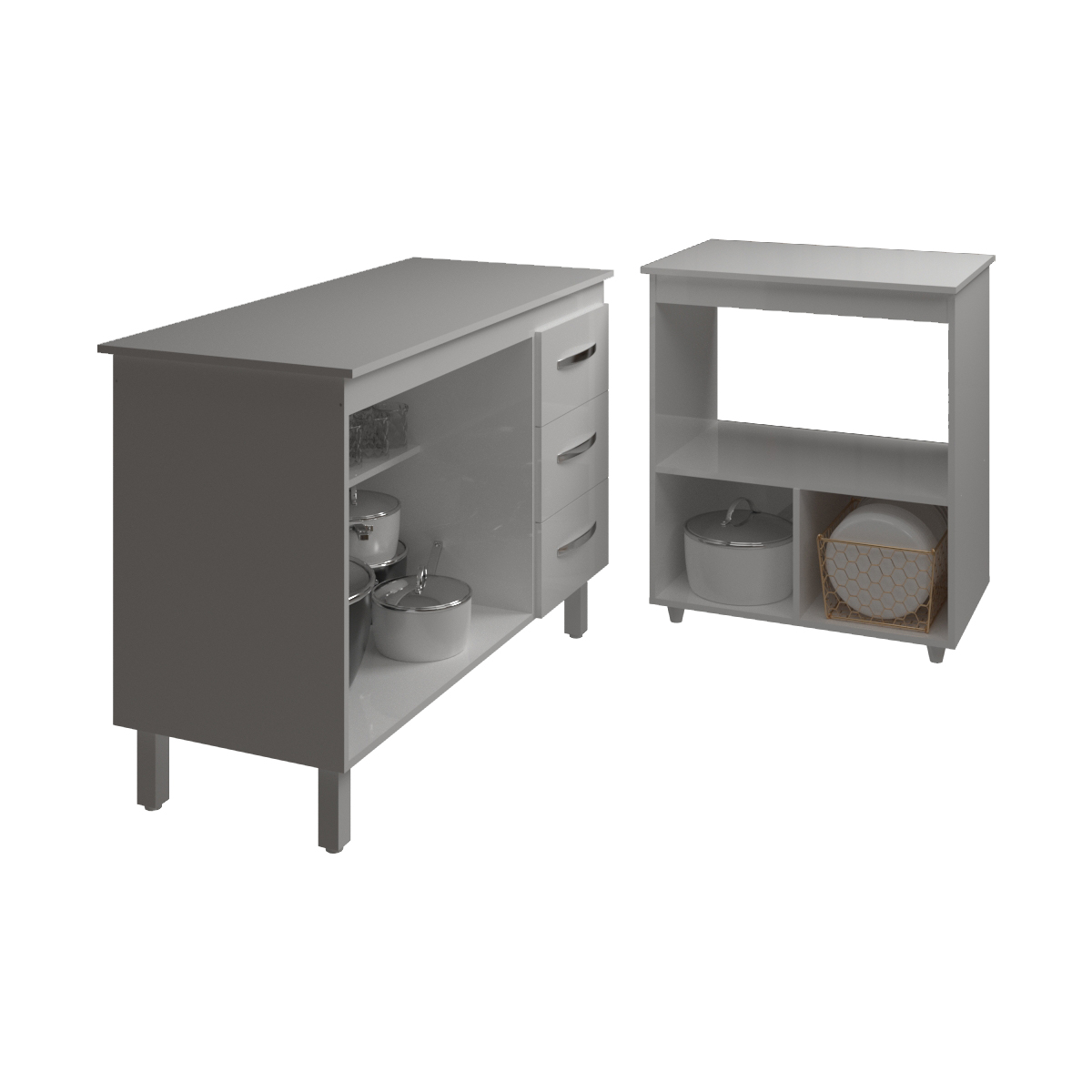 Balcão Armário Gabinete Bruna 118 cm com Tampo Tampão e Balcão Amanda para Forno e Microondas Branco 