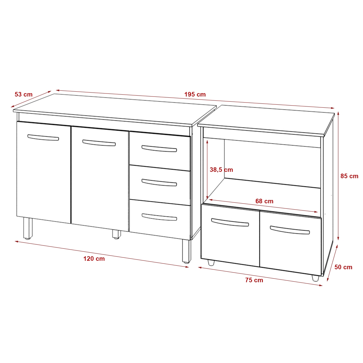 Balcão Armário Gabinete Bruna 118 cm com Tampo Tampão e Balcão Amanda para Forno e Microondas Branco 