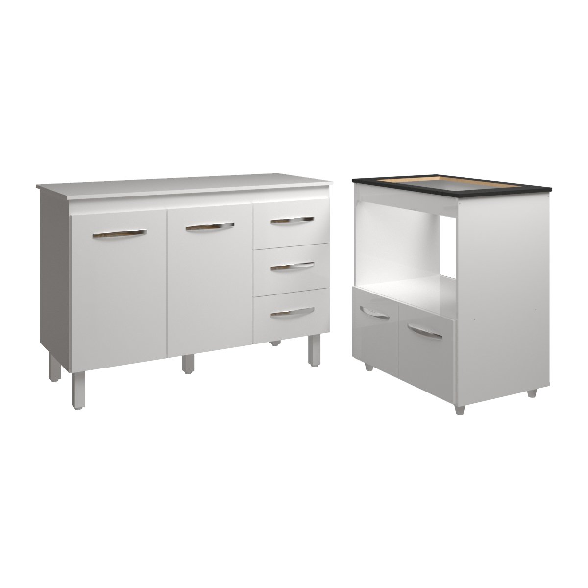 Balcão Armário Gabinete Bruna 118 cm com Tampo Tampão e Balcão Evelyn para Cooktop 4 Bocas Branco 