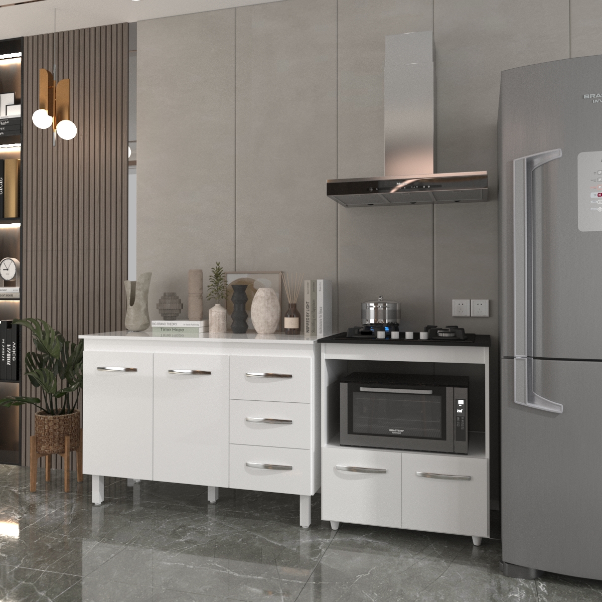 Balcão Armário Gabinete Bruna 118 cm com Tampo Tampão e Balcão Evelyn para Cooktop 4 Bocas Branco 